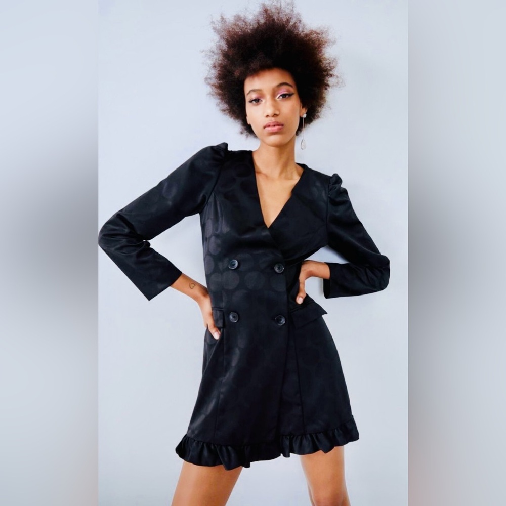 Zara Long Sleeve Black Polka Dot Jacquard Button Front Tuxedo Blazer Mini Dress